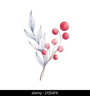 Weihnachtliches Aquarellstrauß mit holly-blauen Blättern und roten Beeren. Winterkomposition, Einrichtung im Retro-Stil. Illustration für Design handgezeichnet Stock Vektor