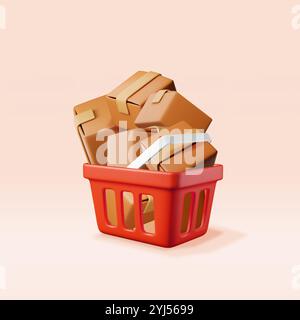3D-Warenkorb voll mit Pappkartons Stock Vektor