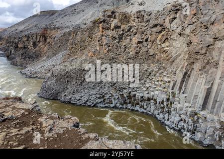 Studlagil Canyon (der Basalt Canyon) Blick auf die Schlucht mit braunem Gletscherfluss und vertikalen sechseckigen Basaltsäulen, Island. Stockfoto