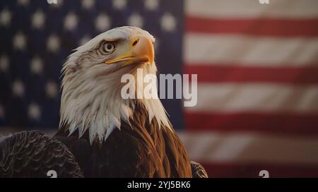 Ein Weißkopfseeadler steht vor der amerikanischen Flagge Stockfoto