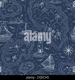 Nahtloses Muster des Seekarten-Vektors. Lineare nautische Kulisse mit Inseln, Leuchtturm, Segelbooten auf dunkelblauem Hintergrund für Tapeten, Geschenkpapier oder Textildesign. Weiße Zeichnung mit Schiffen. Stock Vektor