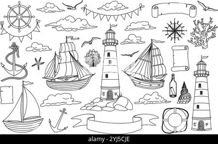 Vektor-Clipart mit Segelboot und Leuchtturm für Baby-Design im nautischen Stil. Lineare Zeichnung von Beacon und Schiffen für kindliches Malbuch. Line Art Marine Set für Kinder. Ätzen der Kontur. Stock Vektor