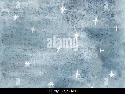 Winter Blau Schnee abstrakter Hintergrund mit Schneeflocken oder Sternen. Handgezeichnete Aquarellillustration. Textur für Weihnachten oder Neujahr. Stockfoto