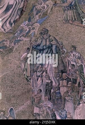 DETALLE DE LA CUPULA DE MOSAICO REALIZADA ENTRE 1951 Y 1955 - LOS CONFESORES DE LA FE - DETALLE DEL APOSTOL SANTIAGO Y DE FERNANDO III EL SANTO. Autor: SANTIAGO PADROS (1918-1971). LAGE: VALLE DE LOS CAIDOS. CUELGAMUROS. MADRID. SPANIEN. JAMES DER GRÖSSERE. FERNANDO III EL SANTO CASTILLA / LEON. SAN FERNANDO (REY). Apóstol Santiago el Mayor. Stockfoto