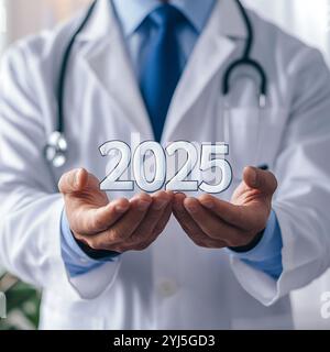 Ein Arzt, der ein Schild mit der Aufschrift „2025“ in der Hand hält Stockfoto