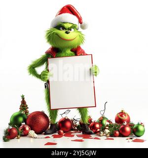 Der Weihnachtsgrinch steht mit einem leeren Schild in der Hand. Stockfoto