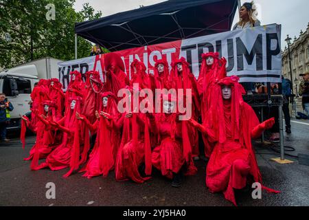 London, Großbritannien. Die Gruppe der Extinction Rebellion in Rot, die das Blut ausgestorbener Arten repräsentiert, steht an der Front tausender Menschen, die Whitehall füllen, um eine klare Botschaft zu senden, dass Präsident Trump hier wegen seiner Klimaverleugnung, seines Rassismus, seiner Islamophobie, seiner Frauenfeindlichkeit und seiner Bigotterie nicht willkommen ist. Seine Politik des Hasses und der Spaltung hat die extreme Rechte auf der ganzen Welt mit Energie versorgt. Die Kundgebung war kurz davor, wo er Theresa May traf, und es gab Reden von Jeremy Corbyn, Caroline Lucas und anderen führenden Politikern und Aktivisten, dann zu einer weiteren Kundgebung auf dem Parlamentsplatz. Stockfoto