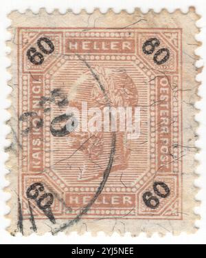 ÖSTERREICH — 18. Juni 1901: 60 heller braune Briefmarke mit Porträt des österreichischen Kaisers Franz Josef. Franz Joseph I. oder Franz Joseph I. war vom 2. Dezember 1848 bis zu seinem Tod am 21. November 1916 Kaiser von Österreich, König von Ungarn und den anderen staaten der Habsburgermonarchie. Zu Beginn seiner Regierungszeit wurden seine Reiche und Gebiete als Österreichisches Reich bezeichnet, wurden aber 1867 als Doppelmonarchie des Österreichisch-Ungarischen Reiches wiederaufgebaut. Vom 1. Mai 1850 bis zum 24. August 1866 war Franz Joseph auch Präsident des Deutschen Bundes Stockfoto