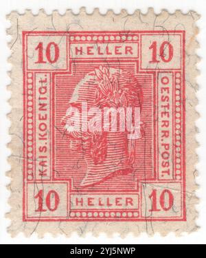 ÖSTERREICH — 1906: 10 heller-Karmin-Briefmarke mit Porträt des österreichischen Monarchen Kaiser Franz Josef. Franz Joseph I. oder Franz Joseph I. war vom 2. Dezember 1848 bis zu seinem Tod am 21. November 1916 Kaiser von Österreich, König von Ungarn und den anderen staaten der Habsburgermonarchie. Zu Beginn seiner Regierungszeit wurden seine Reiche und Gebiete als Österreichisches Reich bezeichnet, wurden aber 1867 als Doppelmonarchie des Österreichisch-Ungarischen Reiches wiederaufgebaut. Vom 1. Mai 1850 bis zum 24. August 1866 war Franz Joseph auch Präsident des Deutschen Bundes Stockfoto