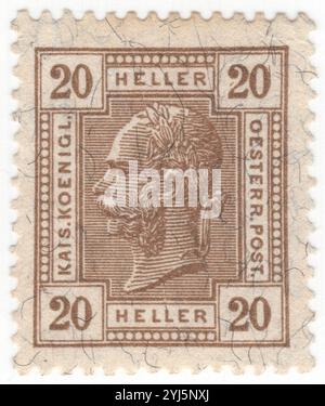 ÖSTERREICH — 1906: 20 heller braune Briefmarke mit Porträt des österreichischen Monarchen Kaiser Franz Josef. Franz Joseph I. oder Franz Joseph I. war vom 2. Dezember 1848 bis zu seinem Tod am 21. November 1916 Kaiser von Österreich, König von Ungarn und den anderen staaten der Habsburgermonarchie. Zu Beginn seiner Regierungszeit wurden seine Reiche und Gebiete als Österreichisches Reich bezeichnet, wurden aber 1867 als Doppelmonarchie des Österreichisch-Ungarischen Reiches wiederaufgebaut. Vom 1. Mai 1850 bis zum 24. August 1866 war Franz Joseph auch Präsident des Deutschen Bundes Stockfoto