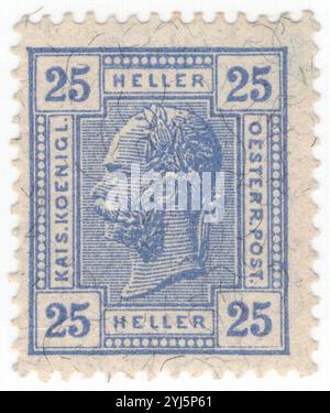 ÖSTERREICH — 1906: 25 heller Ultramarin-Briefmarke mit Porträt des österreichischen Monarchen Kaiser Franz Josef. Franz Joseph I. oder Franz Joseph I. war vom 2. Dezember 1848 bis zu seinem Tod am 21. November 1916 Kaiser von Österreich, König von Ungarn und den anderen staaten der Habsburgermonarchie. Zu Beginn seiner Regierungszeit wurden seine Reiche und Gebiete als Österreichisches Reich bezeichnet, wurden aber 1867 als Doppelmonarchie des Österreichisch-Ungarischen Reiches wiederaufgebaut. Vom 1. Mai 1850 bis zum 24. August 1866 war Franz Joseph auch Präsident des Deutschen Bundes Stockfoto