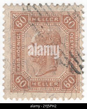 ÖSTERREICH — 1905. Februar: 60 heller gelbbraune Briefmarke mit Porträt des österreichischen Kaisers Franz Josef. Franz Joseph I. oder Franz Joseph I. war vom 2. Dezember 1848 bis zu seinem Tod am 21. November 1916 Kaiser von Österreich, König von Ungarn und den anderen staaten der Habsburgermonarchie. Zu Beginn seiner Regierungszeit wurden seine Reiche und Gebiete als Österreichisches Reich bezeichnet, wurden aber 1867 als Doppelmonarchie des Österreichisch-Ungarischen Reiches wiederaufgebaut. Vom 1. Mai 1850 bis zum 24. August 1866 war Franz Joseph auch Präsident des Deutschen Bundes Stockfoto