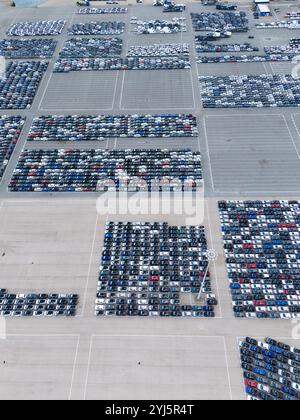 Neue Autos auf halbem großen Parkplatz im Hafen. Luftaufnahme Stockfoto