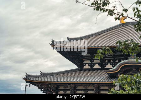 Architektonische Details mit dem Dach des Todaiji Daibutsuden (große Buddha-Halle) in Nara, Japan. Traditionelle japanische Architektur Stockfoto