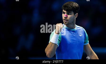 Turin, Italien. 13. November 2024. Carlos Alcaraz aus Spanien feiert während seines Runden-robin-Einzelspiels gegen Andrey Rublev aus Russland am vierten Tag des Nitto ATP Finals. Carlos Alcaraz gewann das Spiel mit 6:3, 7:6(8). Quelle: Nicolò Campo/Alamy Live News Stockfoto