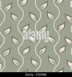 Hintergrund des nahtlosen Vektormusters nach nachgestelltem Laub. Pinselstriche handgezeichnet malerische Blätter Hintergrund in cremeweiß und Salbeigrün. Vertikale Wiederholung Stock Vektor