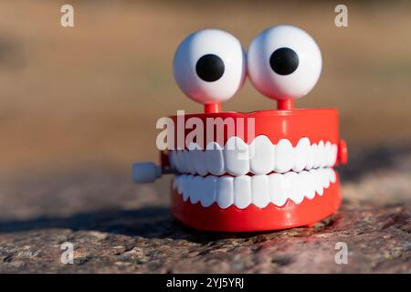 Rote Plastikzähne mit guten Augen sitzen draußen auf einem Felsen Stockfoto