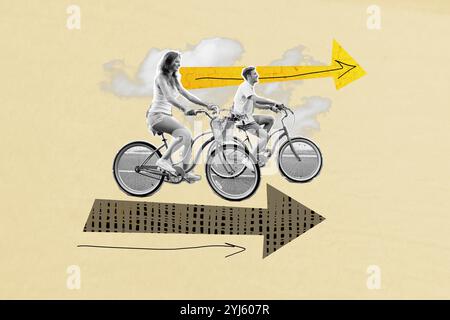 Composite Trend Artwork Skizze Bild Foto Collage der jungen Frau Mann Paar Fahrt Pfeil Weg Richtung Fahrrad Reise Sommer Outdoor Stockfoto