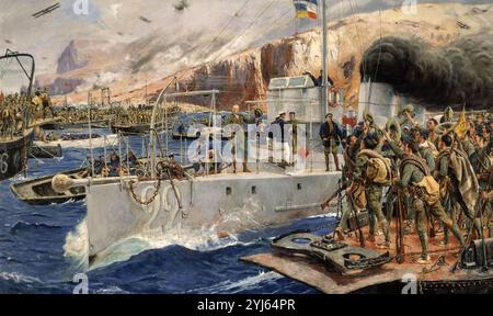 AUSSCHIFFUNG IN ALHUCEMAS UNTER LEITUNG VON MIGUEL PRIMO DE RIVERA - 1929. AUTOR: JOSE MORENO CARBONERO (1860-1942). ORT: ESTADO MAYOR DE LA DEFENSA. MADRID. SPANIEN. MIGUEL PRIMO DE RIVERA. MARQUES DE ESTELLA. ALLGEMEINES SANJURJO. Stockfoto
