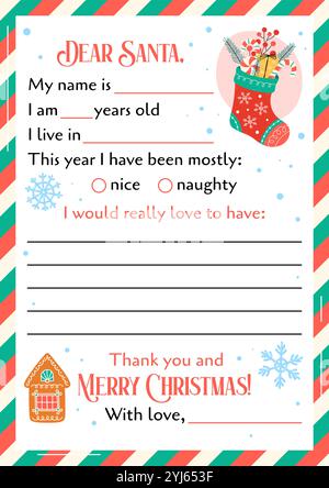 Vorlagenvektor Brief an Santa. A4-Format. Sehr geehrter Weihnachtsmann, druckbare Seite. Kinder Weihnachten Wunschliste blank isoliert. Geschenkliste für Kinder Stock Vektor