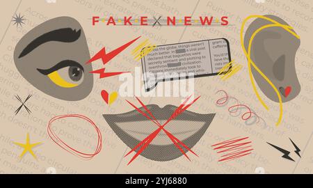 Fake News Set, Rastone Retro Pop Art, trendige y2k Symbole der Lüge, psychedelische Zeichen, Retro Aufkleber mit Zeitungseffekt, Grunge Illustrationen aus den 90er Jahren Stock Vektor