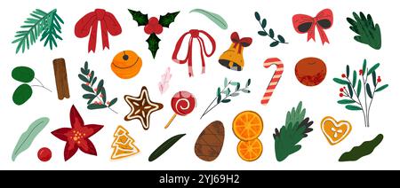 Dekorative Aufkleber für die Inneneinrichtung an den Weihnachtsferien. Vektorsymbole oder Clip-Art-Set. Elemente für Neujahrsnadeln. Stock Vektor