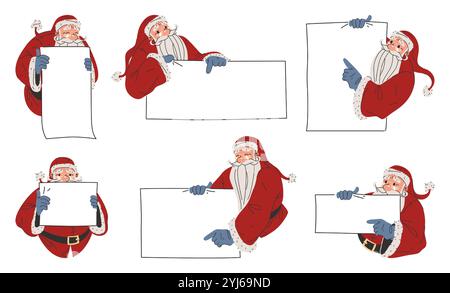 Weihnachtsmann-Charaktere halten weißes Blatt in den Händen. Vektorvorlagen festgelegt. Cartoon-Figur des Weihnachtsmanns versteckt sich hinter dem leeren Brief. Stock Vektor