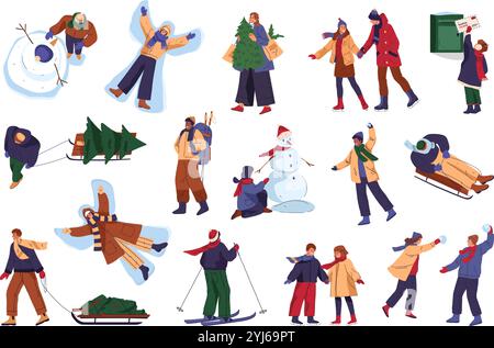 Menschen Erholung in den Winterferien. Vektoraufkleber oder Clip-Art-Set. Charaktere reiten Schlitten, Skifahren, Skaten, Formen einen Schneemann. Neujahrsurlaub Stock Vektor