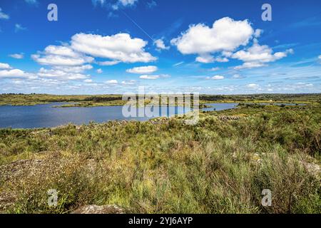 Frühlingsnatur, Seenlandschaft. Povoa e Meadas Damm in Castelo de Vide in Alentejo Portugal. Stockfoto