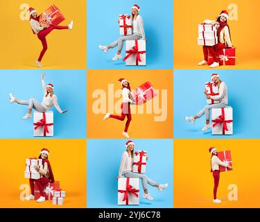 Eine Gruppe fröhlicher Frauen in festlichen Outfits posiert mit eingewickelten Geschenkboxen vor leuchtend orangefarbenem und blauem Hintergrund und verkörpert die Freude und Ex Stockfoto