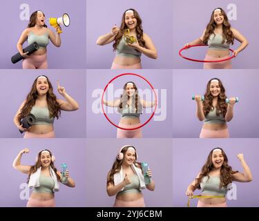 Eine fröhliche, übergewichtige Dame nimmt an verschiedenen Fitnessaktivitäten Teil und zeigt Begeisterung, während sie Requisiten wie einen Hula Hoop und Kurzhanteln verwendet, um einen zu ermutigen Stockfoto