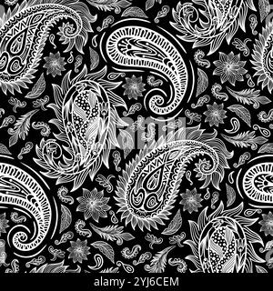 Nahtloses Design mit dekorativem Druck für Seide, Schal, Geschenkpapier, Stoff, Scrapbook, Kacheln. Handgezeichnetes Einfarbiges Paisley-Muster. Stockfoto