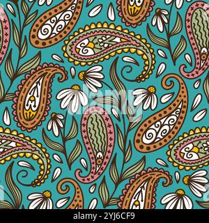 Nahtloses Paisley-Muster mit Gänseblümchen. Handgezeichnete Blumenabbildung Stockfoto