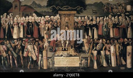 BESAMANOS DE FERNANDO CATOLICO TRAS LA JURA DE LOS FUEROS DE VIZCAYA (1476) - (COPIA DE MENDIETA) - SIGLO XX. AUTOR: NIETO URIBARRI ENRIQUE. Ort: Diputacion. Bilbao. SPANIEN. FERDINAND II. VON ARAGON. FERNANDO EL CATOLICO. Stockfoto