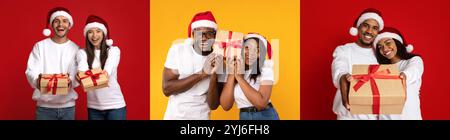 Drei Freunde tauschen gerne Geschenke aus, während sie Weihnachtsmützen tragen. Die lebendigen Hintergrundfarben sorgen für eine festliche Atmosphäre und sorgen für ein fesselndes Erlebnis Stockfoto