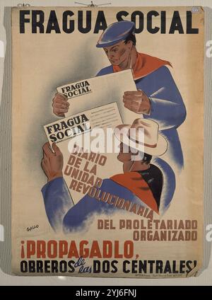 CARTEL DE LA GUERRA CIVIL - FRAGUA SOCIAL - DIARIO DE LA UNIDAD REVOLUCIONARIA DEL PROLETARIADO. ¡PROPAGADLO OBREROS DE LAS DOS CENTRALES. Autor: GALLO. ORT: ARCHIVO HISTORICO NACIONAL. SALAMANCA. SPANIEN. Stockfoto