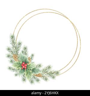 Tannenzweige, Tannenzweige und stechpalmenbeeren und -Blätter, runder Kranz mit doppeltem goldenen Rahmen. Handgezeichnete Aquarell isolierte Illustration für Happy New Year Grußkarten Vorlagen und Designs. Stockfoto