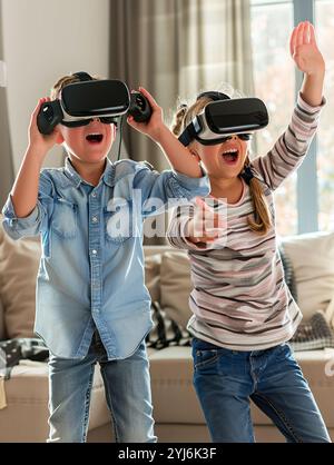 Zwei Kinder spielen gemeinsam ein Virtual-Reality-Videospiel. Stockfoto