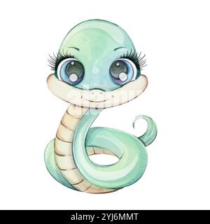 Green snake, watercolor baby in cartoon style, isolated. Cute illustration, chinese symbol of new year 2025. Safari clip art, reptile for kids design Stock Vektor