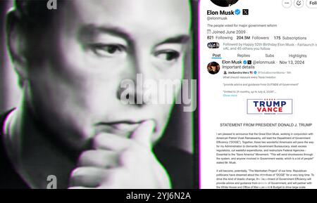 Ukraine. Poltava. November 2024 . Elon Musk Profil auf Twitteron, einem Smartphone-Bildschirm. Neuer Tweet mit Text. Porträt von Elon Musk Stockfoto