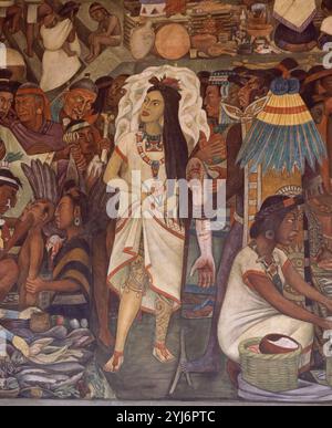 BOARD - TLATELOLCO MARKT - DETAIL DER TÄTOWIERTEN FRAU - FRESKO. 20. JAHRHUNDERT. Autor: DIEGO RIVERA. Lage: PALACIO NACIONAL. MEXIKO-STADT. CIUDAD DE MEXICO. KAHLO FRIDA 1907/1954 FRIDA KAHLO. Stockfoto