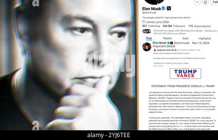 Ukraine. Poltava. November 2024 . Elon Musk Profil auf Twitteron, einem Smartphone-Bildschirm. Neuer Tweet mit Text. Porträt von Elon Musk Stockfoto