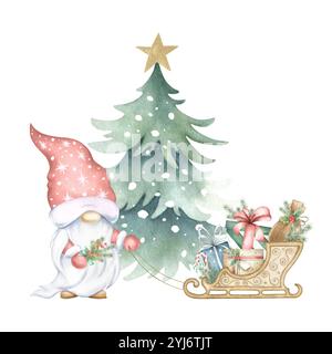 Weihnachtszwerg mit Schlitten und Geschenken, Fichte, schneebedeckt mit festlicher goldener Sterndekoration oben. Handgezeichnete Aquarell-isolierte Illustration für frohe Neujahrs-Grußkarten und -Designs. Stockfoto