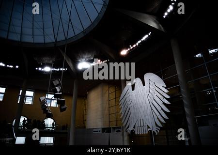 Berlin, Deutschland. November 2024. Der Deutsche Adler wird während einer Plenarsitzung im Unterhaus des Bundestages in Berlin am 13. November 2024 abgebildet. (Foto: Emmanuele Contini/NurPhoto) Credit: NurPhoto SRL/Alamy Live News Stockfoto