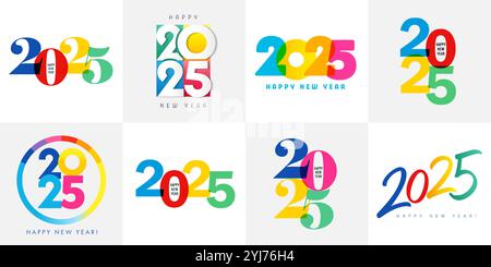 Große Auswahl an farbigen Aquarellen mit 2025 Nummern. Happy New Year 2025 Logo mit mehreren farbigen Zahlen. Vektorillustration für Feiertagsdesign Stock Vektor