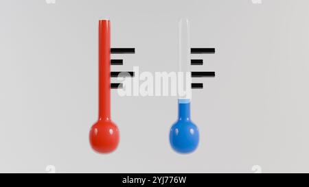 Zwei Thermometer, eines rot und das andere blau, auf weißem Hintergrund, die die Gegensätze Wärme und Kälte darstellen. Stockfoto