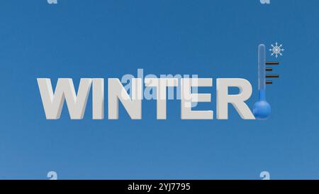 Minimalistisches Winterdesign mit dem Text „Winter“ in 3D und einem Thermometer mit einer Schneeflocke, die Kälte anzeigt. Stockfoto