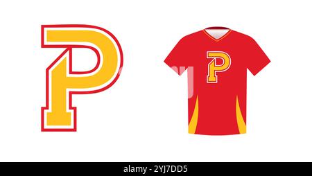 Kräftiger gelber Buchstabe P mit rotem Umriss und Sportemblem in Varsity auf rotem Sportrikot. Ideal für Sportmannschaftslogos, College-Branding, sportlich Stock Vektor