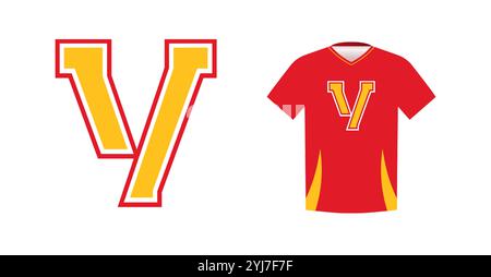 Kräftiges gelbes V-Zeichen mit rotem Umriss und Sportemblem in Varsity auf rotem Sportrikot. Ideal für Sportmannschaftslogos, College-Branding, sportlich Stock Vektor