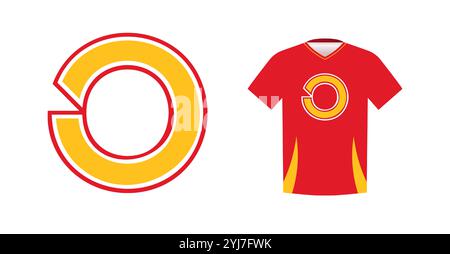 Kräftiger gelber Buchstabe O mit rotem Umriss, Sportemblem in Varsity auf rotem Sportrikot. Ideal für Sportmannschaftslogos, College-Branding, sportlich Stock Vektor